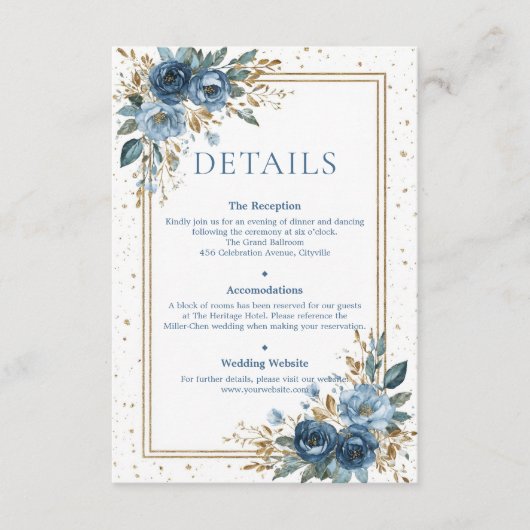 Winter Sky Navy and Gold Floral Wedding Informatiekaartje (Voorkant)