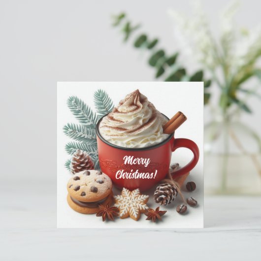 Winter slagroom hete koffie in een rode mok feestdagenkaart (Staand voorkant)