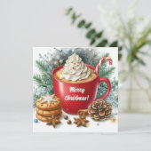 Winter slagroom hete koffie in een rode mok feestdagenkaart (Staand voorkant)