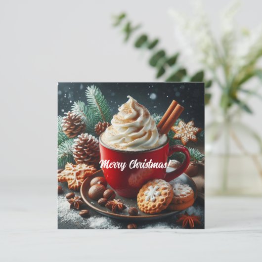 Winter slagroom hete koffie in een rode mok feestdagenkaart (Staand voorkant)