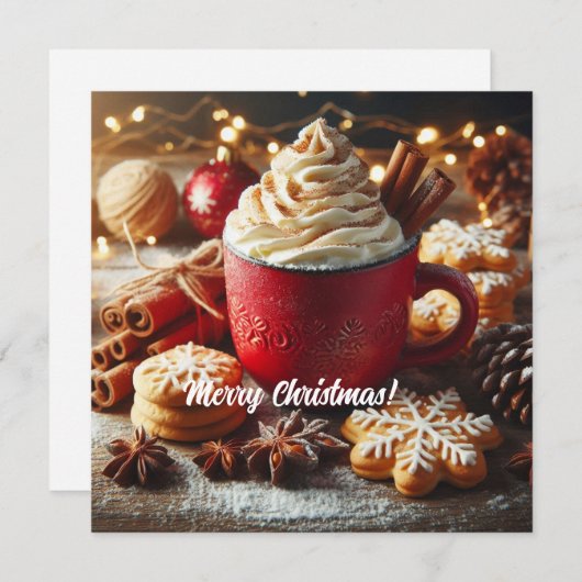Winter slagroom hete koffie in een rode mok feestdagenkaart (Voorkant / Achterkant)