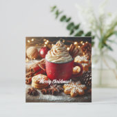 Winter slagroom hete koffie in een rode mok feestdagenkaart (Staand voorkant)