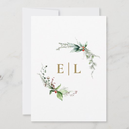 Winter Slanke Elegante Botanische Monogram Huwelij Kaart (Achterkant)