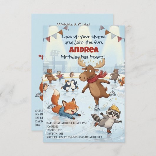 Winter Slapstick Ice Skating Birthday Invitation Kaart (Voorkant / Achterkant)
