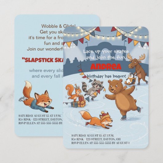 Winter Slapstick Ice Skating Birthday Invitation Kaart (Voorkant / Achterkant)