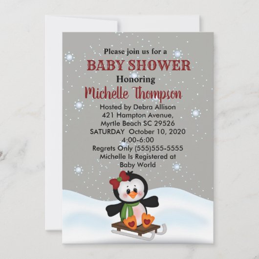 Winter Sled Penguin Baby shower/Birthday Invite Kaart (Voorkant)