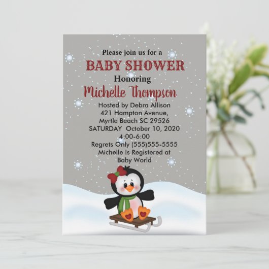 Winter Sled Penguin Baby shower/Birthday Invite Kaart (Staand voorkant)