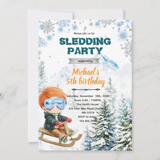 Winter Sledding party theme invitation Kaart (Voorkant)