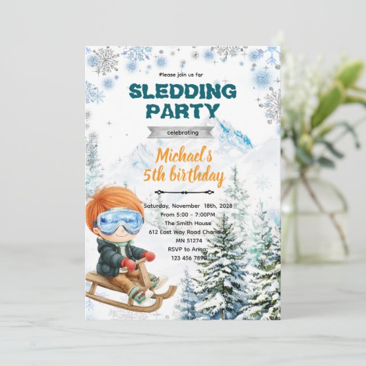 Winter Sledding party theme invitation Kaart (Staand voorkant)