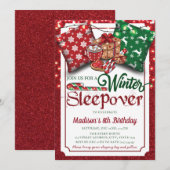 Winter Sleepover Verjaardagsfeest Rode Glitter Kaart (Voorkant / Achterkant)