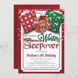 Winter Sleepover Verjaardagsfeest Rode Glitter Kaart