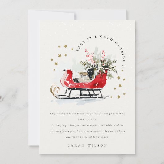 Winter Sleigh Its Cold Outside Neutral Baby Shower Bedankkaart (Voorkant)