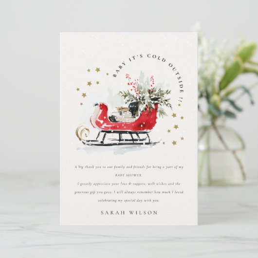 Winter Sleigh Its Cold Outside Neutral Baby Shower Bedankkaart (Staand voorkant)