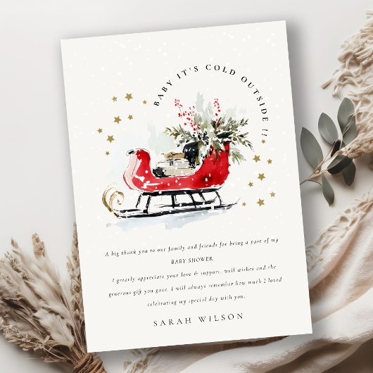 Winter Sleigh Its Cold Outside Neutral Baby Shower Bedankkaart