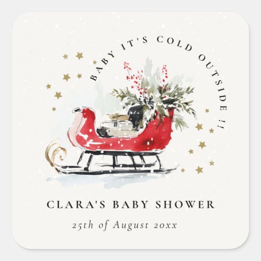 Winter Sleigh Its Cold Outside Neutral Baby Shower Vierkante Sticker (Voorkant)