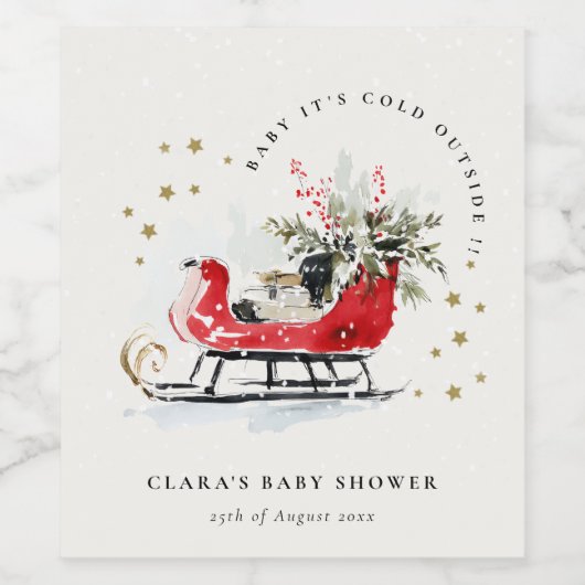 Winter Sleigh Its Cold Outside Neutral Baby Shower Wijn Etiket (Enkel label)