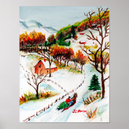 Winter Sleigh Ride Mountain met kerstWaterverf Poster