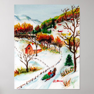 Winter Sleigh Ride Mountain met kerstWaterverf Poster