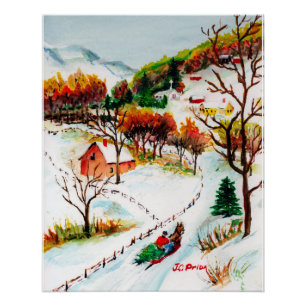 Winter Sleigh Ride Mountain met kerstWaterverf Poster
