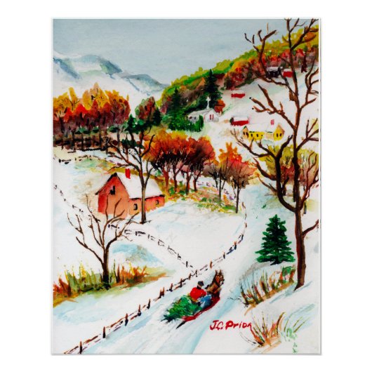 Winter Sleigh Ride Mountain met kerstWaterverf Poster (Voorkant)