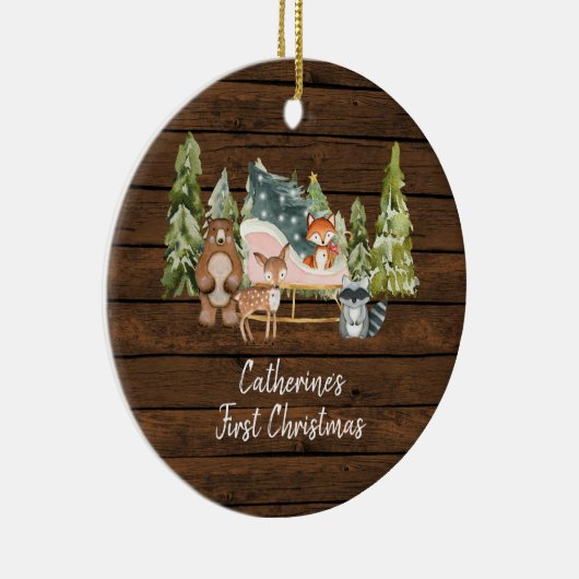 Winter Sleigh Rustic First Christmas Keramisch Ornament (Rechts)