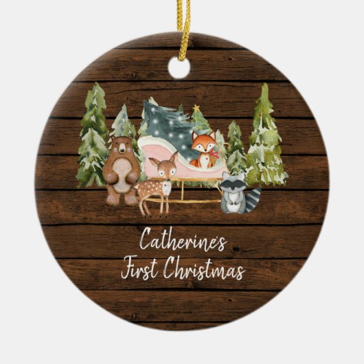 Winter Sleigh Rustic First Christmas Keramisch Ornament (Voorkant)