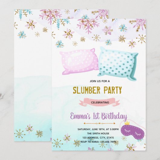 Winter slumber sleepover verjaardagsuitnodiging kaart (Voorkant / Achterkant)