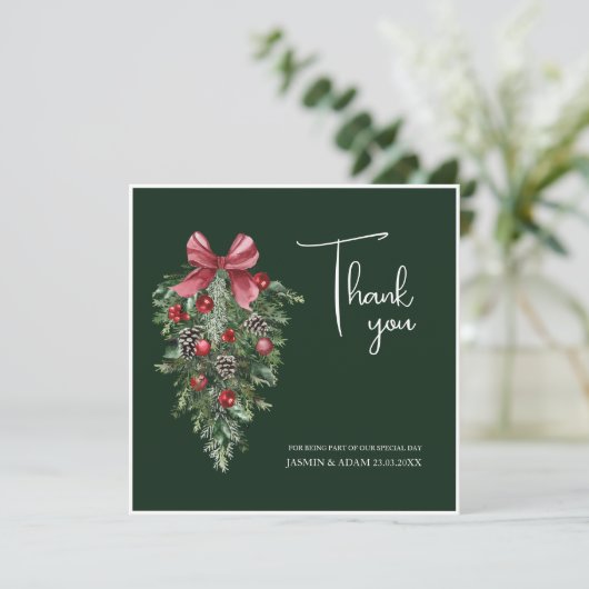 Winter Smaragd Groen Feestelijke Kerstbruiloft Bedankkaart (Staand voorkant)