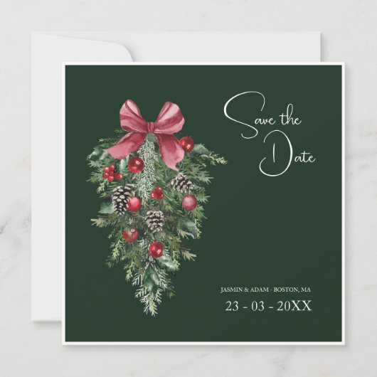 Winter Smaragd Groen Feestelijke Kerstbruiloft Save The Date (Voorkant)