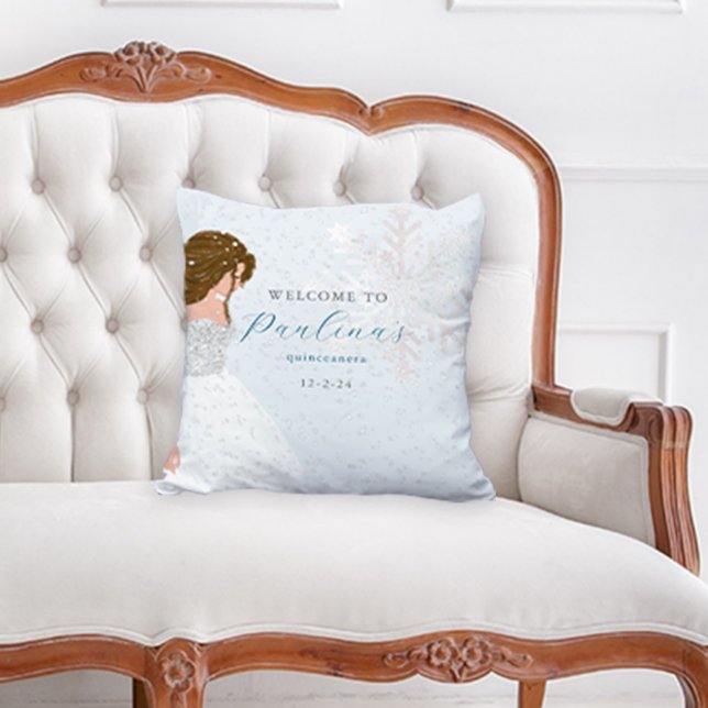 Winter Sneeuw 15e verjaardag Quinceañera Blauw Kussen (Creator heeft geüpload)