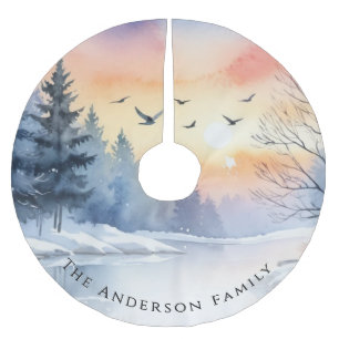 Winter Sneeuw Aquarel Meer Zonsopgang Kerstmis Kerstboom Rok