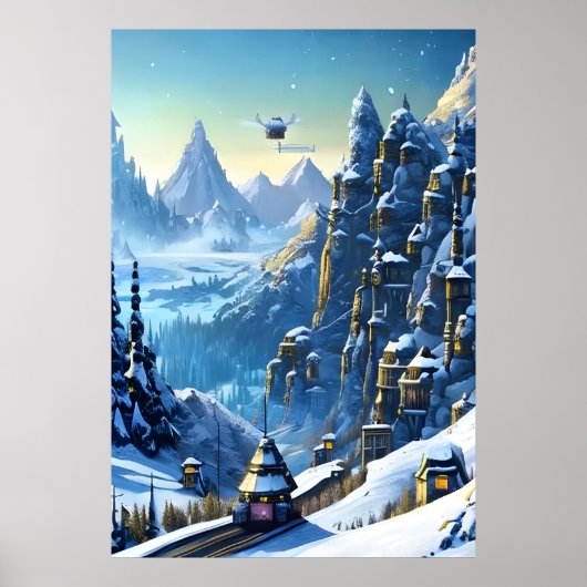 Winter, sneeuw, bergdorp | AI Art Poster (Voorkant)