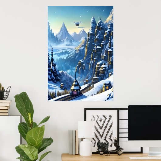 Winter, sneeuw, bergdorp | AI Art Poster (Thuiskantoor)