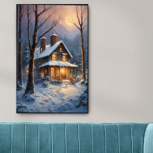 Winter Sneeuw Bos Huis grillige kunst schilderij Poster