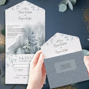 Winter Sneeuw Bos Watercolor Trouwen met RSVP All In One Uitnodiging