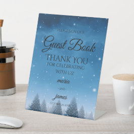 Winter sneeuw bruiloft reclamebord met voetstuk