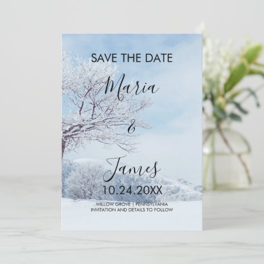 Winter Sneeuw Bruiloft Save The Date (Staand voorkant)