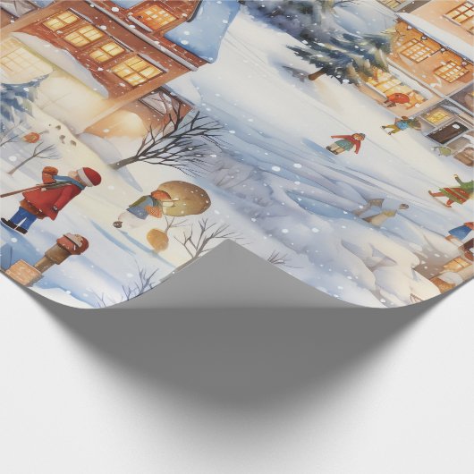 Winter Sneeuw Dorp Plezier Cadeaupapier (Hoek)