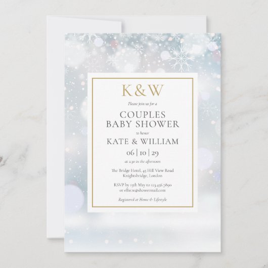 Winter Sneeuw Gouden Monogram Koppel Baby Shower Kaart (Voorkant)