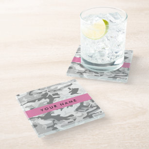 Winter Sneeuw Grijs Camouflage Je naam Personalise Glazen Onderzetter