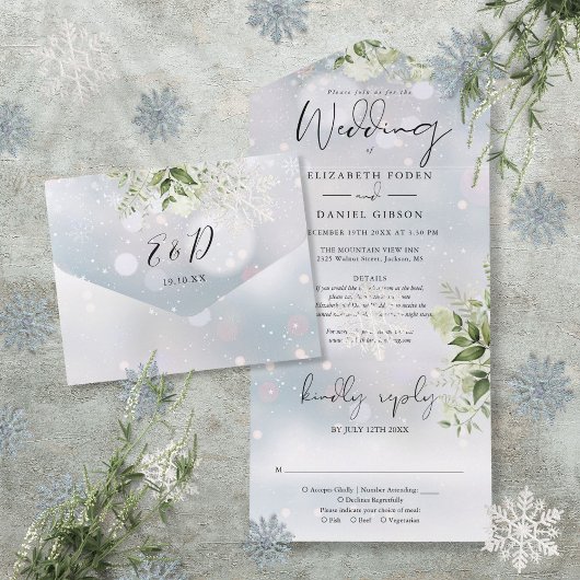 Winter Sneeuw Groen Bloemen Details RSVP Bruiloft All In One Uitnodiging