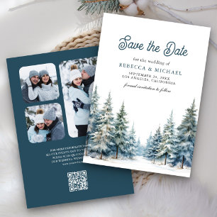 Winter Sneeuw Grove Dennenen QR Code Huwelijksfoto Save The Date