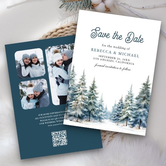 Winter Sneeuw Grove Dennenen QR Code Huwelijksfoto Save The Date