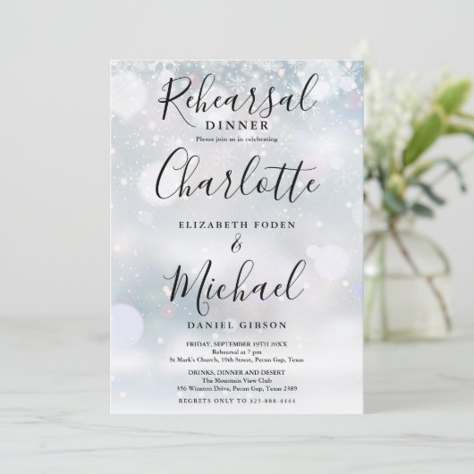 Winter Sneeuw Handtekening Script Repetitie Diner Kaart (Staand voorkant)