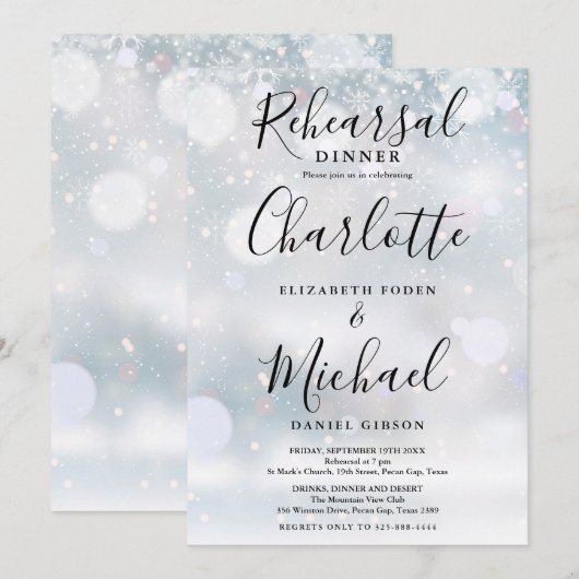 Winter Sneeuw Handtekening Script Repetitie Diner Kaart (Voorkant / Achterkant)