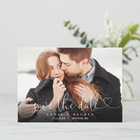 Winter Sneeuw Hart Script Foto Bruiloft Save The Date (Staand voorkant)