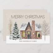 Winter Sneeuw Huis Pijnboom Prettig Kerstfeest Feestdagenkaart (Voorkant / Achterkant)