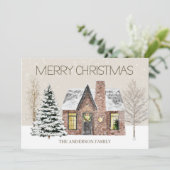 Winter Sneeuw Huis Pijnboom Prettig Kerstfeest Feestdagenkaart (Staand voorkant)