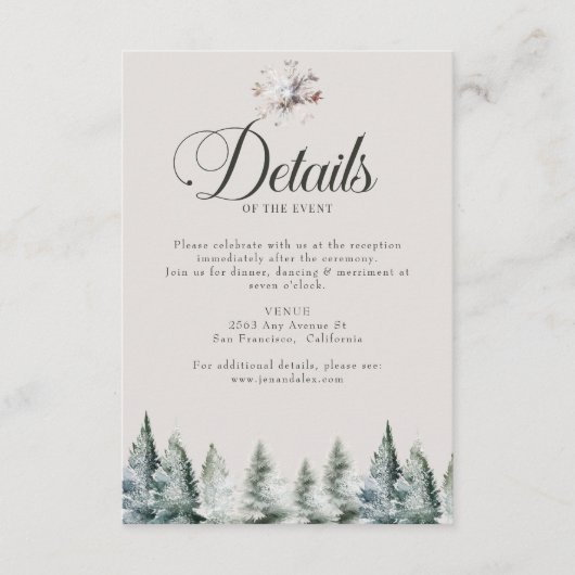 Winter Sneeuw Kerstbruiloft Details Informatiekaartje (Voorkant)