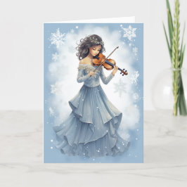 Winter Sneeuw Meisje Spelen Viool Kerstmuziek Feestdagen Kaart